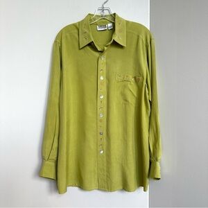Chico’s 100% Silk Embroidered Elephant Bird Man Swirl Green Button Front Blouse